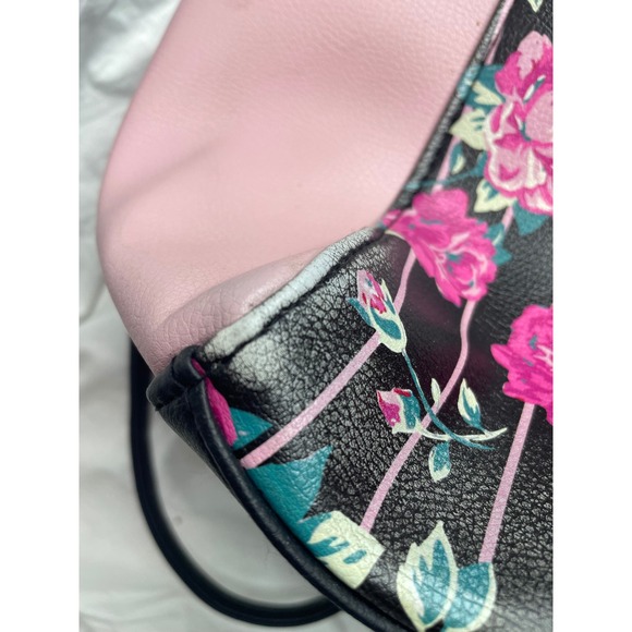 Betsey Johnson Satchel Bag Pink Black Floral Print Top Handle Crossbody Charm - Picture 12 of 12